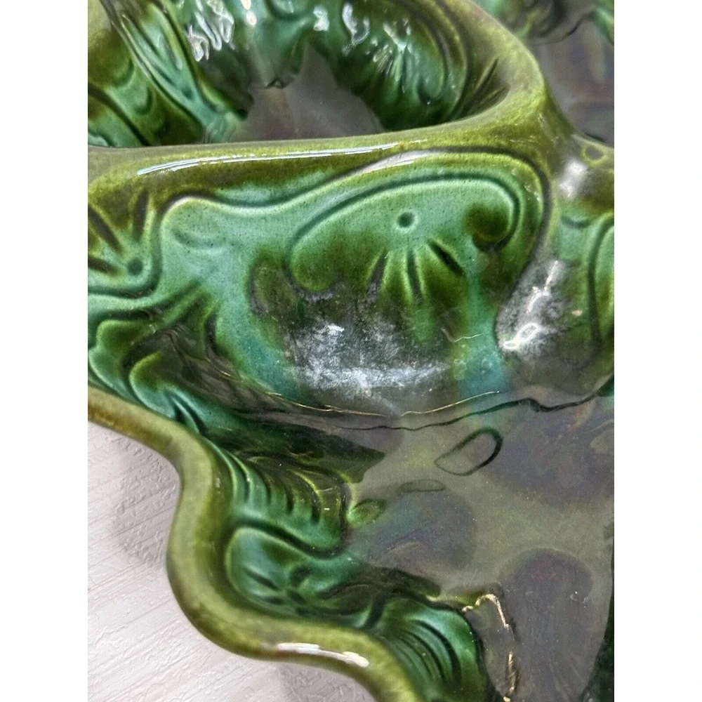 Vintage Art Deco Green Ceramic Divided Serving Tray with Gold Handle Floral Leaf